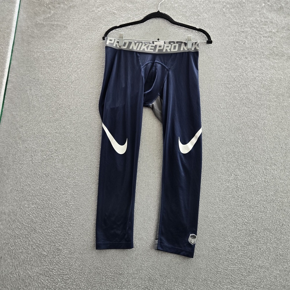 Nike Pro Men Activewear Pants L Navy Blue Leggings Swoosh Football Skull Logo